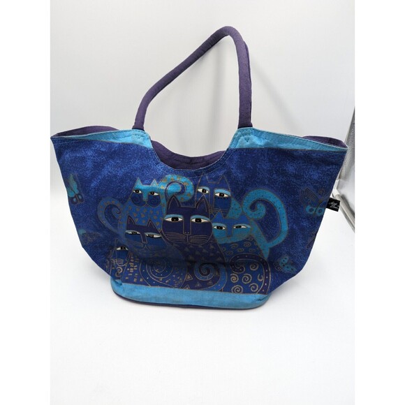 Indigo Cat Scoop Tote by Laurel Burch Blue Purple Canvas EUC - Picture 3 of 6